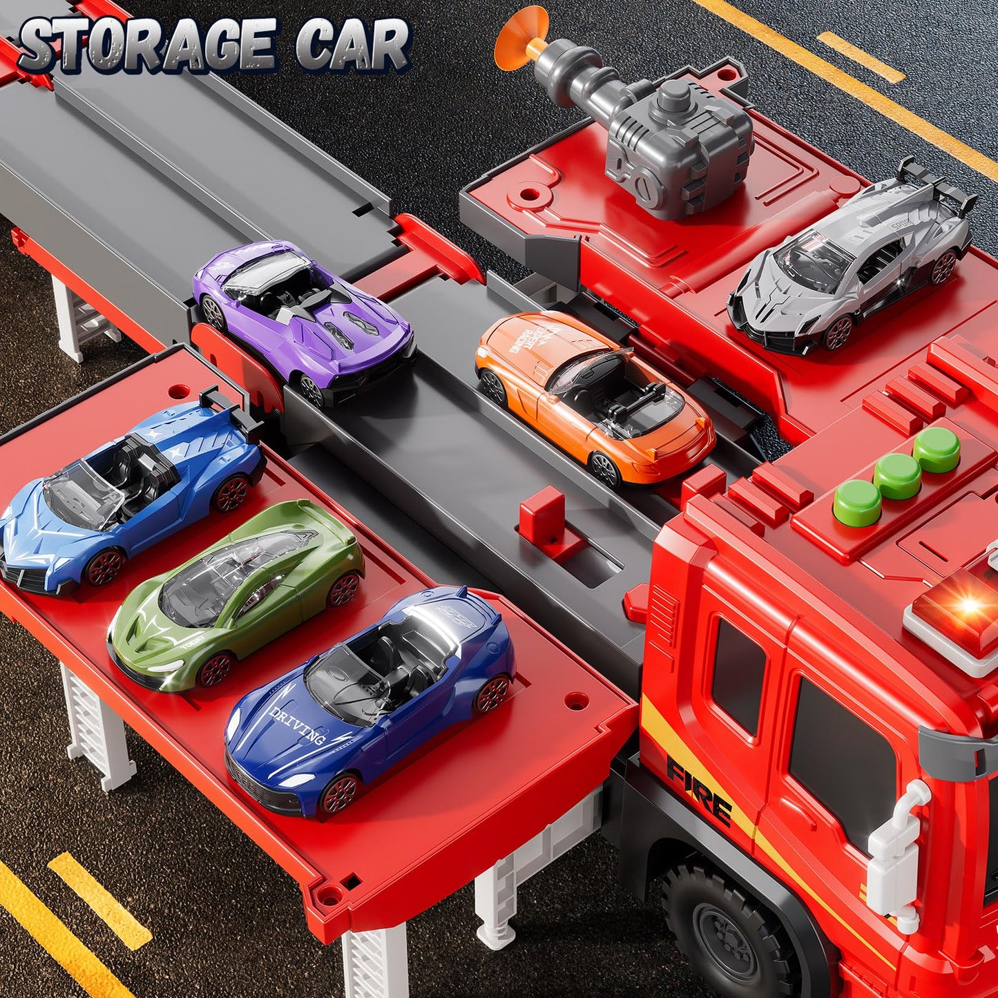 XINNOVEL Fire Trucks Toys for Toddlers Ages 3-5, Folded Carrier Truck Race Track with with Lights & Sounds and 6 Racing Car Toys, Birthday Gift for 3 4 5 6 7 8 Years Old Boys Girls