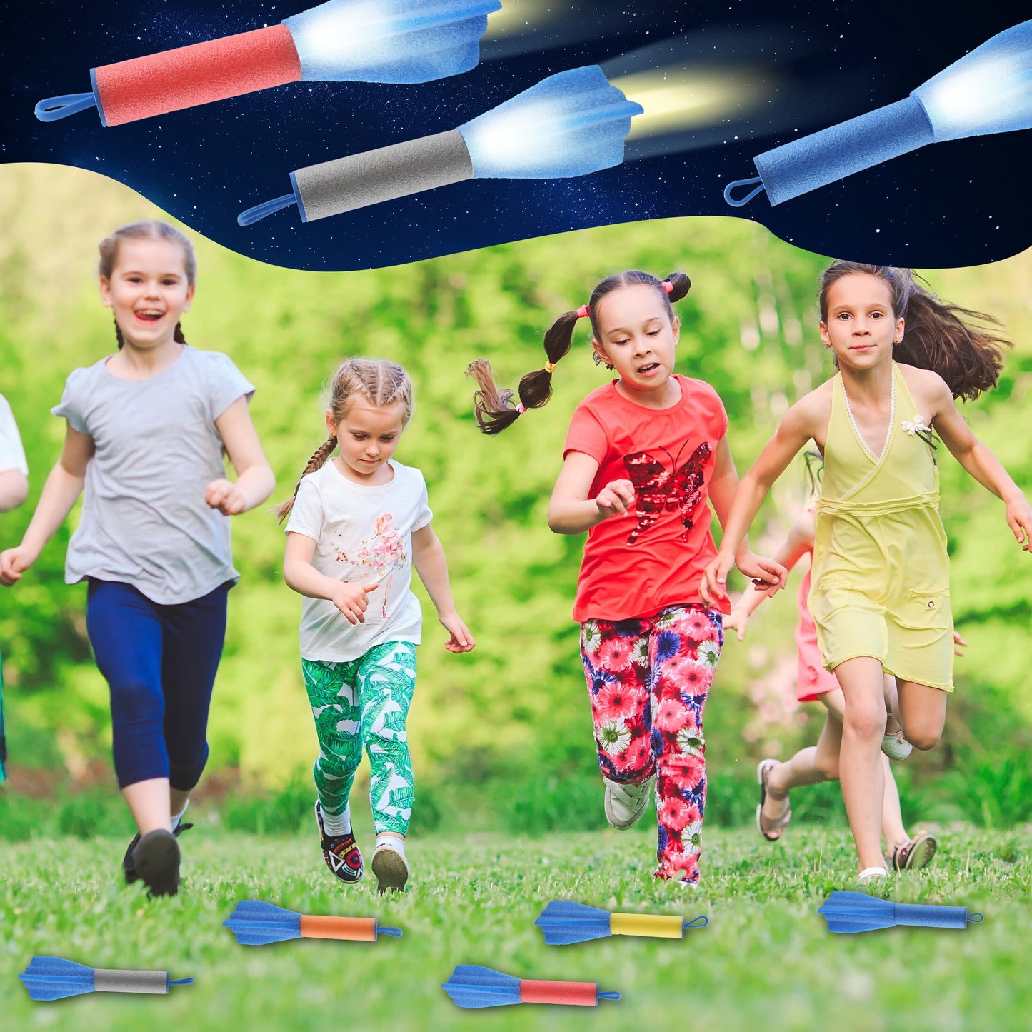 Cagemoga 16 Packs Slingshot Finger Rockets LED Foam Rocket Launchers Light Up Flying Rocket Launcher Toys for Birthday Party Favors Kids Indoor and Outdoor Game Activities