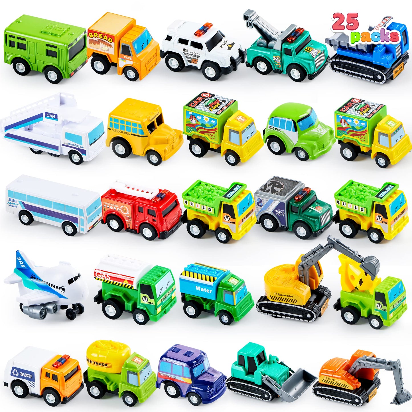 JOYIN 25 Pieces Pull Back Cars and Trucks Toy Vehicles Set for Toddlers, Girls and Boys Kids Play Set, Party Favors, School Gifts, Goodie Bags Stuffers for Kids
