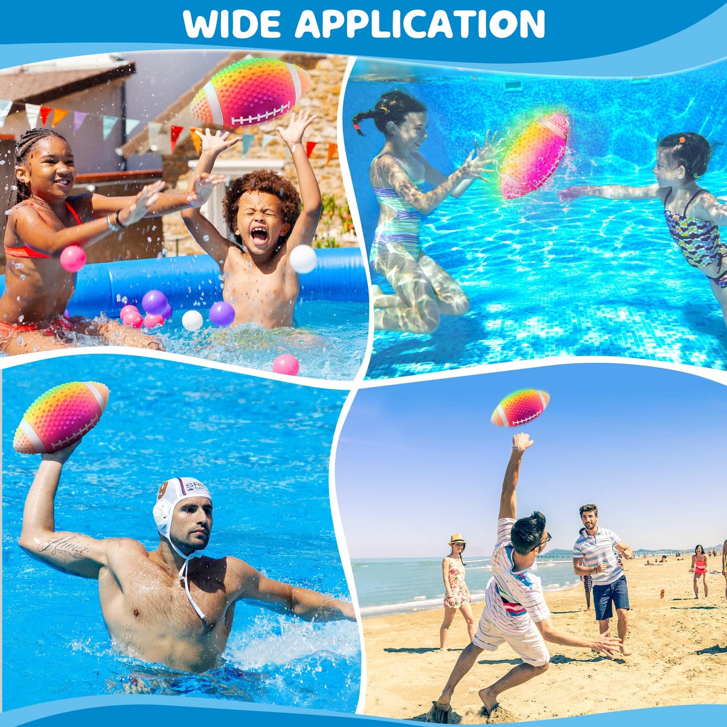 Enhon Water Football for Pool Toys, 9.6 Inch Glow in The Dark Football, Play Pool Diving Games, Waterproof Ball for Underwater Game Party, Outdoor Beach Games for Adults and Family, Rainbow