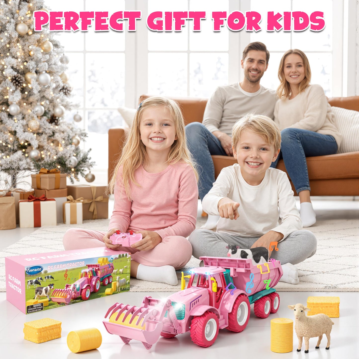 Funwee RC Farm Tractor Toy w/Light & Music, Kids Trailer Toy w/Front Loader & Farm Animal, 2.4GHz RC Tractor Truck Car for Boys & Girls, Toddler Vehicle Playset Age 3-8+ Year Old Gifts (Pink)