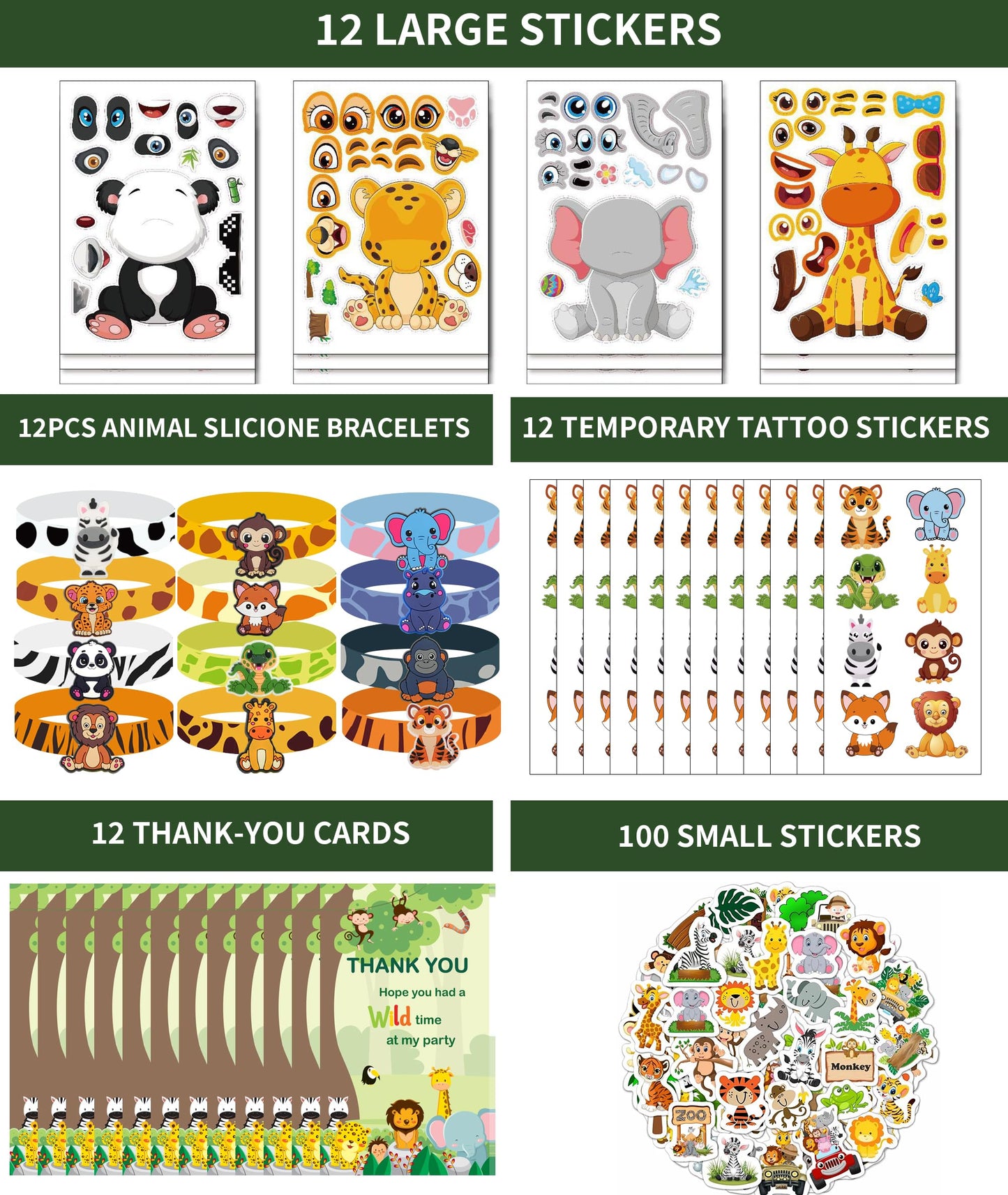 All-in-One - 256 Pcs Wild One Jungle Safari Birthday Party Decorations - Zoo Animal First Birthday Supplies Kit - Includes Favor Boxes, Bubble Wands, Straws, Party Hats, Stickers & Cake Toppers etc