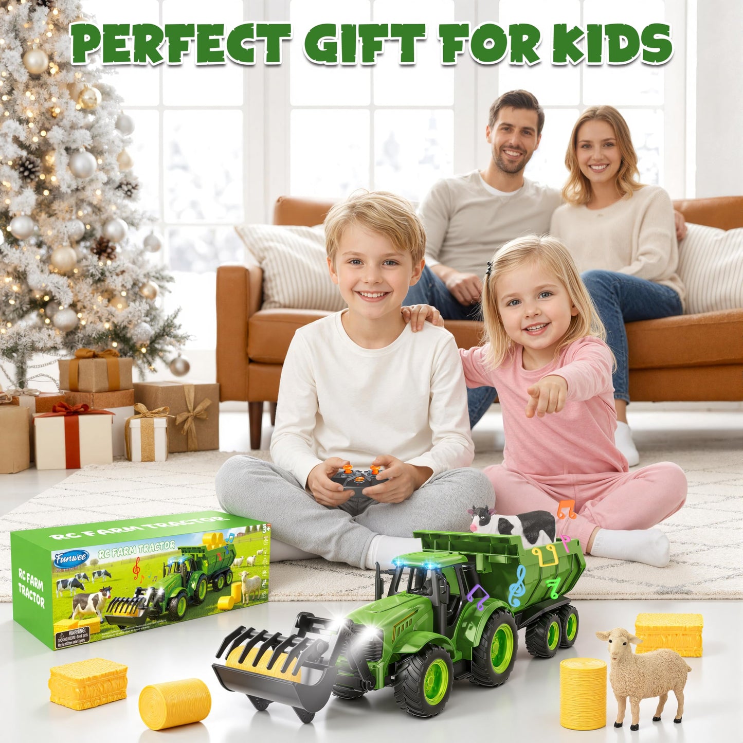 Funwee RC Farm Tractor Toy w/Light & Music, Kids Trailer Toy w/Front Loader & Farm Animal, 2.4GHz RC Tractor Truck Car for Boys & Girls, Toddler Vehicle Playset Age 3-8+ Year Old Gifts (Green)
