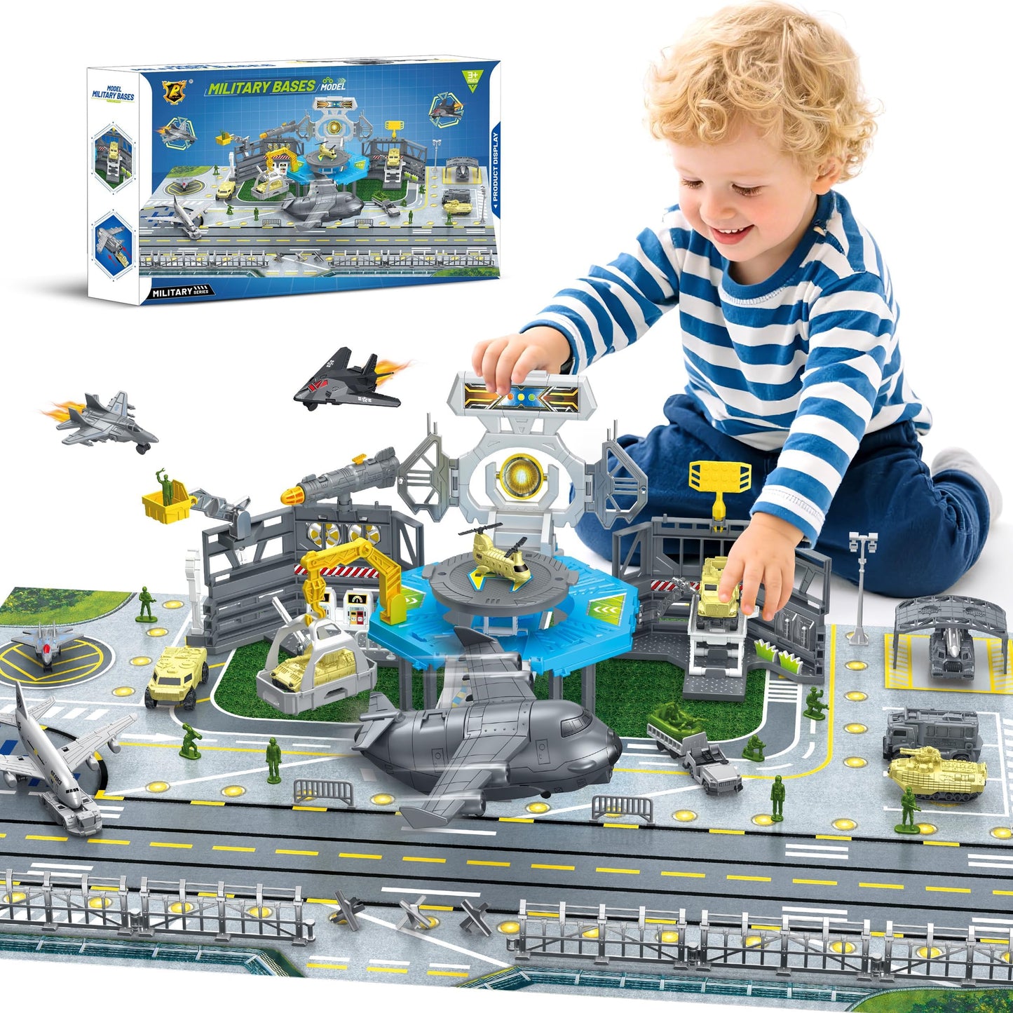 Military Airplane Toy, Army Toys Military Base Set with 14 Vehicles Plane Tank Trucks Helicopter Fighter Jet, Airport Play Mat with Army Men Action Figures and Accessories, Birthday Gift for Kids