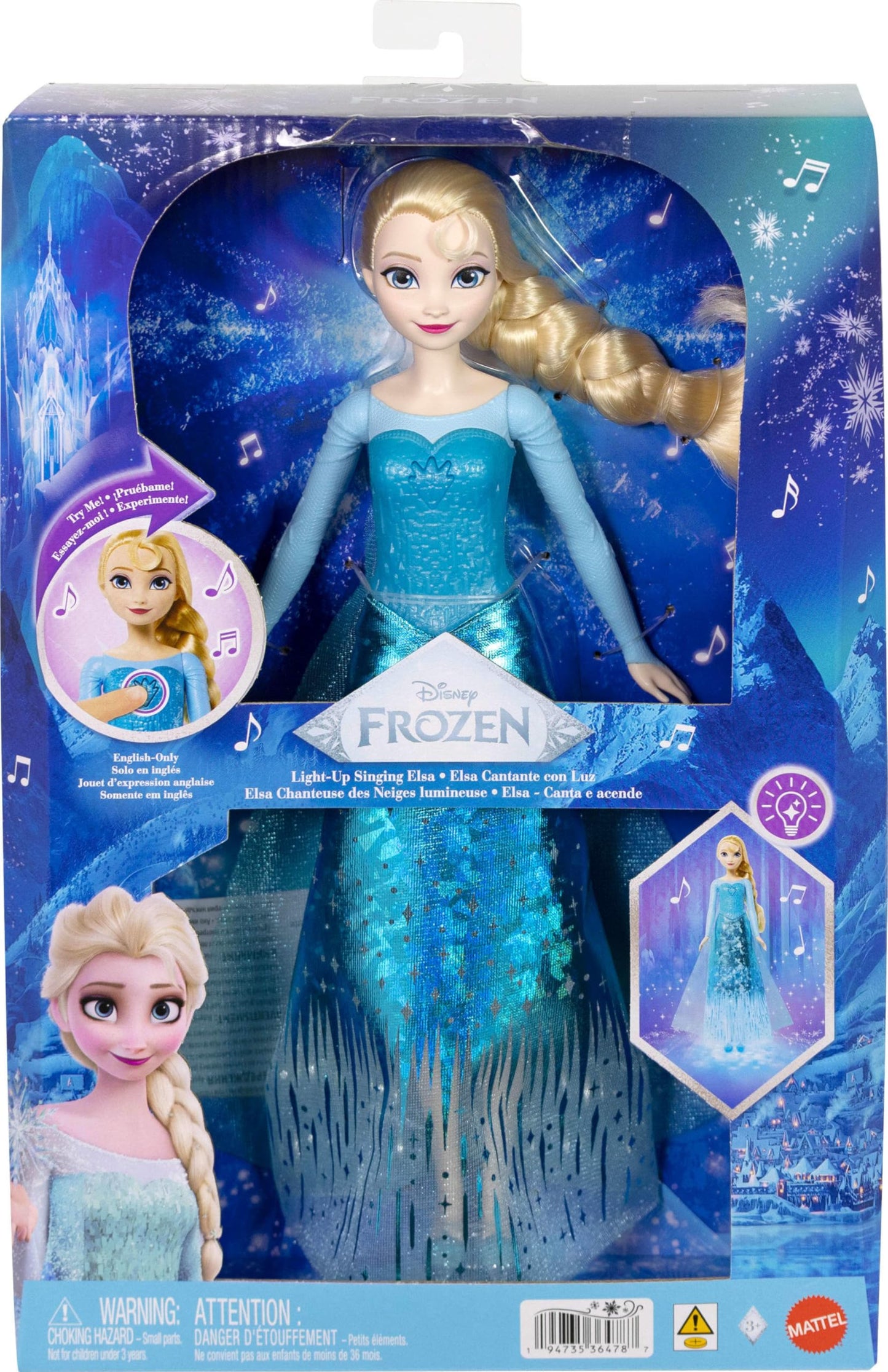 Mattel Disney Frozen Singing Elsa Doll with Lights & Music, Sings “Let It Go” from Movie, Posable with Sparkling Signature Outfit & Removable Shoes