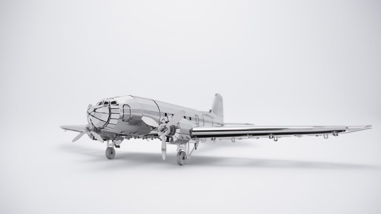 METAL-TIME REMARKABLE DOUGLAS, Douglas DC-3 Model, 3D Metal Airplane Model Mechanical Building Kit, Unique Wind-Up Moving Mechanism, Stainless Steel DIY Construction with Toolbox - 146 Pieces.