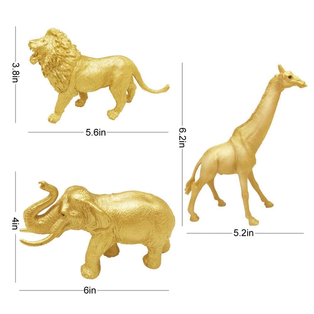 Metallic Gold Plastic Animal Figurines Toys, 12PCS Golden Safari Zoo Animal Figures, Jungle Wild Animals for Baby Shower Decor, Safari Themed Birthday Party, Christmas Decoration Gifts