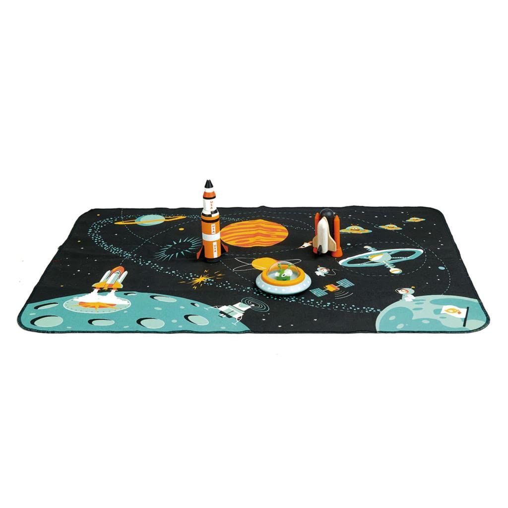 Tender Leaf Toys - Space Adventure - 7 Pieces Wooden Rocket and Outer Space Themed Playmat Set - Develop Imaginative Role Play and Science Interest for Children 3+