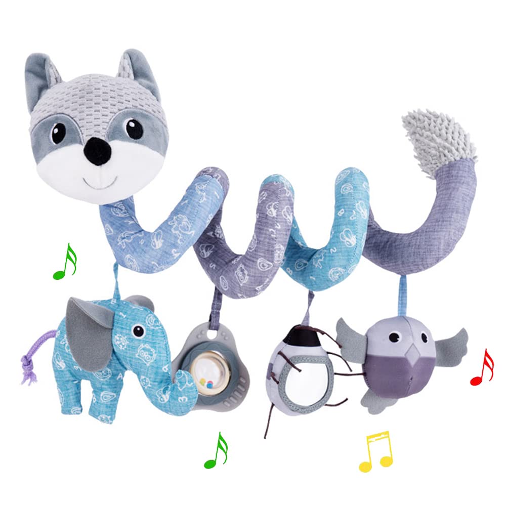 ORZIZRO Car Seat Toys, Baby Plush Spiral Hanging Toys for Stroller Crib Bar Bassinet Car Seat Mobile with Musical Owl BB Squeaker Elephant- Gray Fox