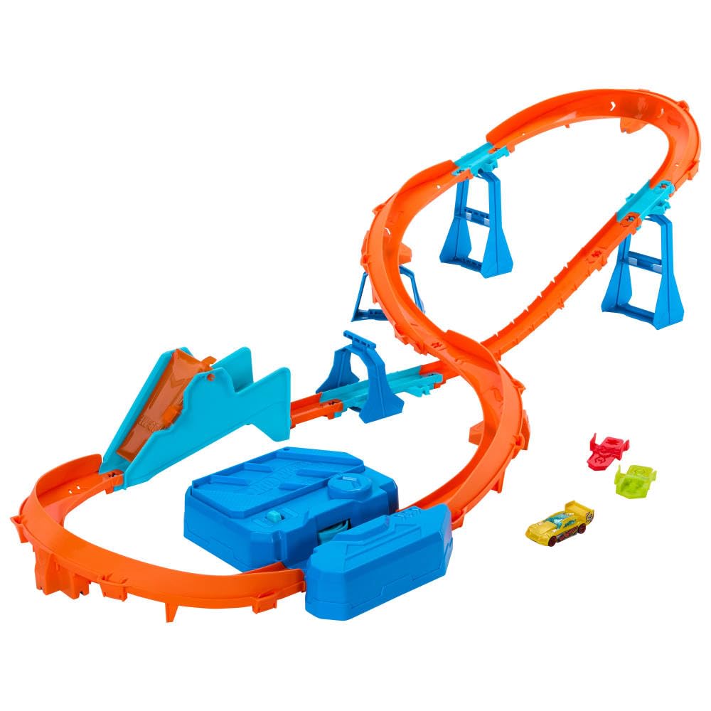 Hot Wheels Toy Car Track Set, Deluxe Building Box with Motorized Booster, 1:64 Scale Vehicle, Speed Snap Track, Boosted Jump Speedway