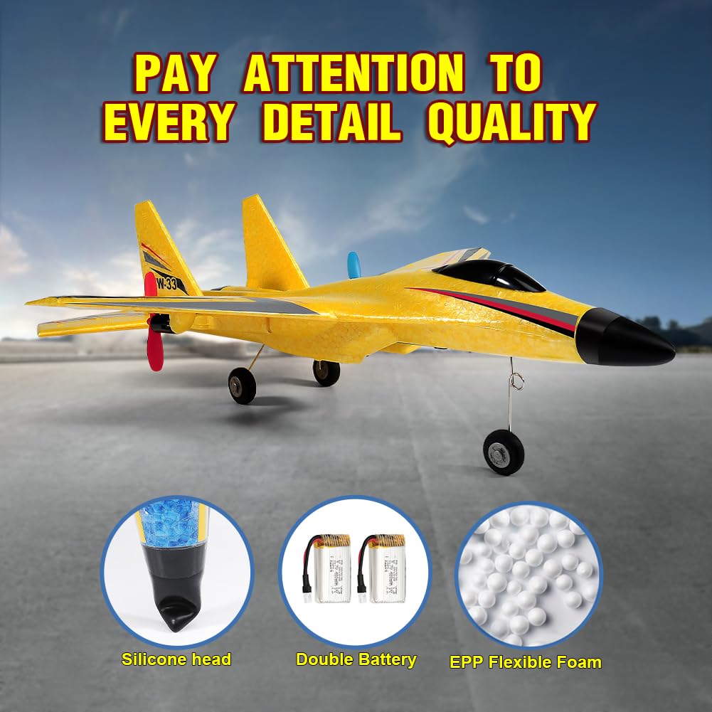 SU-27 RC Airplane,2.4GHz 2 Channel Remote Control Plane with Gyro Night Lights and 2 Batteries, Easy to Fly for Adults, Beginners and Kids Yellow Toy