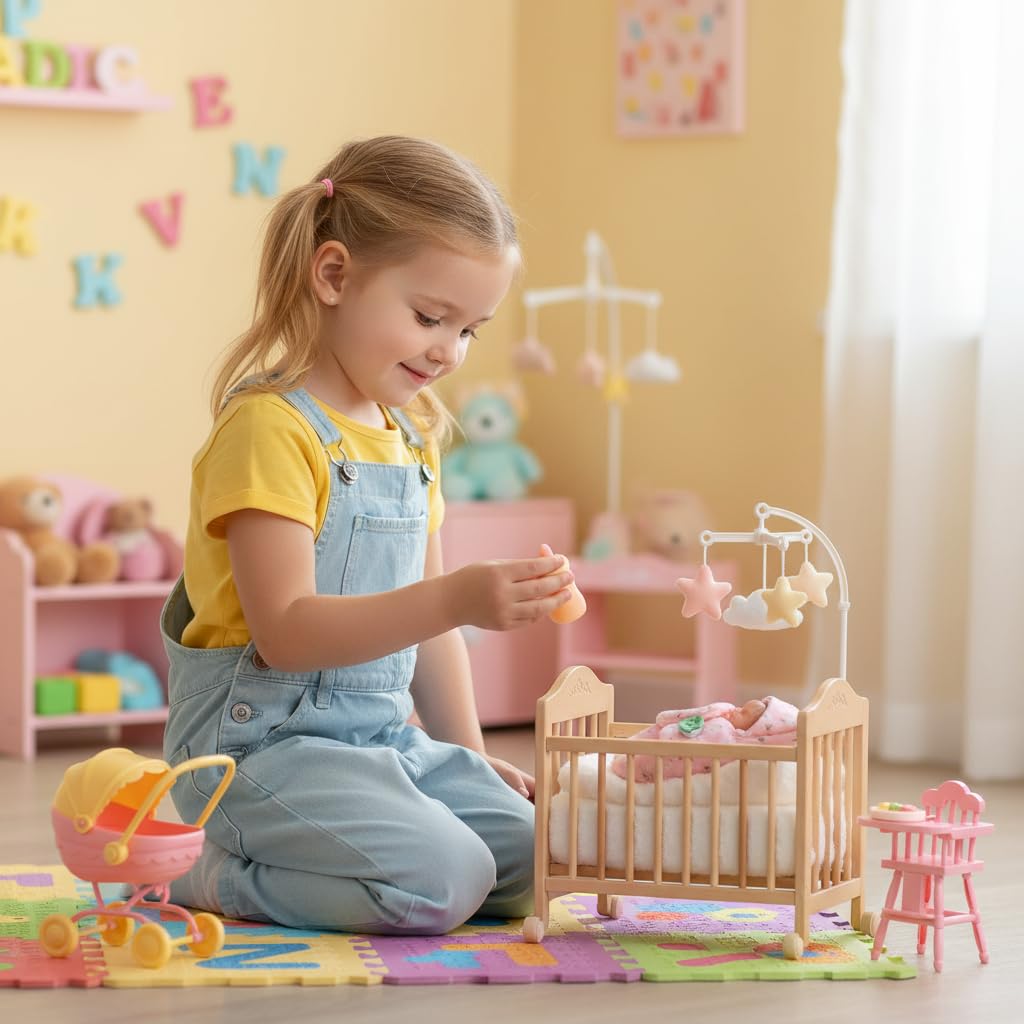 BABESIDE Mini Full Silicone Baby Doll Set – 4.5 Inch Realistic Sleeping Newborn Doll with Feeding Bottle, Stroller, High Chair & Gift Box, Soft Silicone Mini Reborn Baby Toy for Kids Age 3+