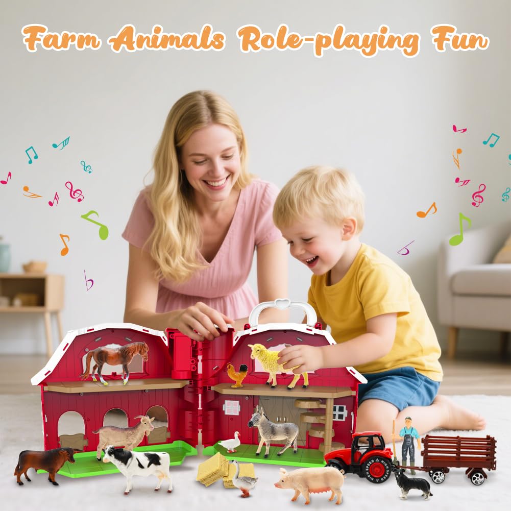 Red Barn Toys for Toddlers 1-3, Farm Animal Figures Playset with Tractor for 2 3 4 5 Year Old Kids, Musical Preschool Montessori STEM Learning Toys, Easter Christmas Birthday Gifts for Boys Girls