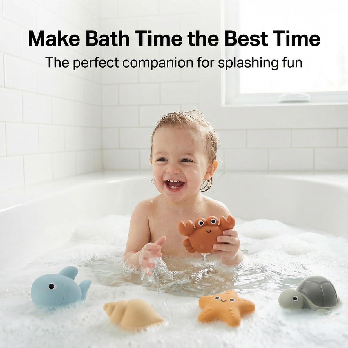 7PCS No Hole Mold Free Baby Bath Toys with Ocean Animals, Sealed Bathtub Toys for Infant with Spoons and Storage Bag, Soft, Float and Squeezeable Water Toy for Shower, Pool and Beach, Gift for 6-12M+
