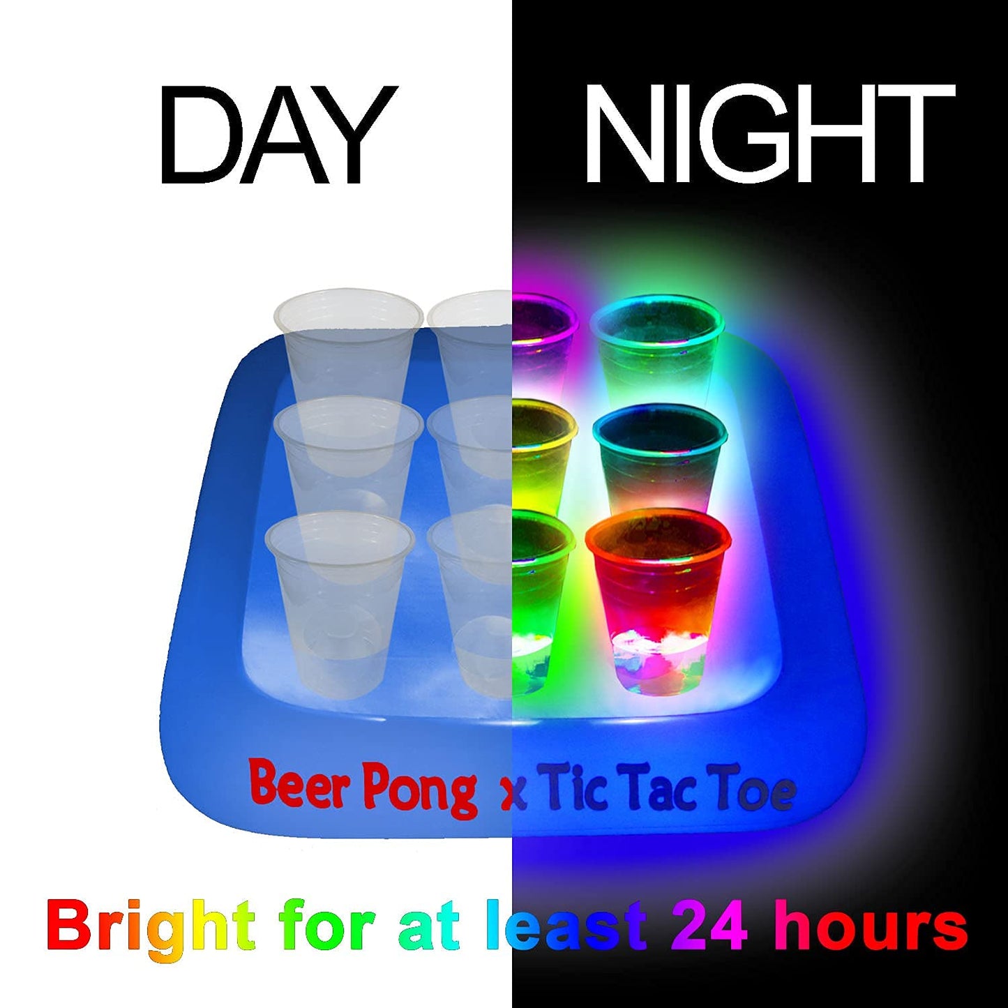 Ahuimeius 23 x 23 Inch Glowing Pool Party Rack Tic Tac Toe Floating Rafts, Swimming Pool Pong Party Game Drinking Game and Drink Holder, Includes 1 Rafts 9 Cups and 10 Pong Balls, Flashing Color 1