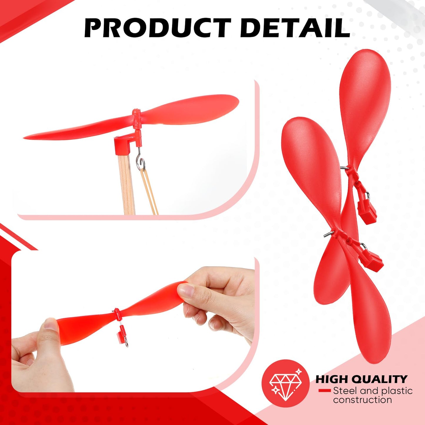 Leyndo 24 Set Helicopter Kit 6" Plastic Propeller for Stem Activities Propeller Blades with Rubber Band Wood Sticks for Airplanes and Helicopters from School and Research Institution (Red)