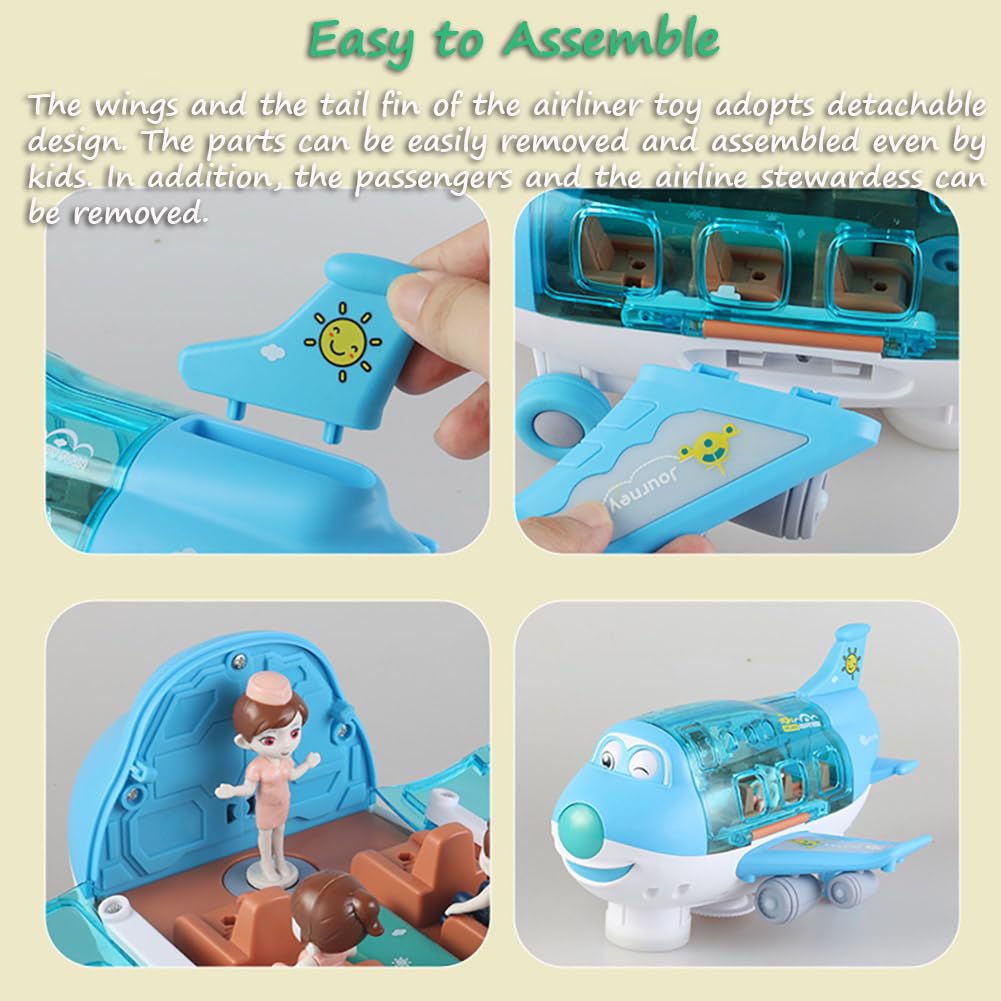 Miracland Airliner Musical Aircraft Simulation Model, 360 Rotation Jet With Lights & Music, Universal Wheel, 1 Air Hostess and 2 Passengers (Blue)