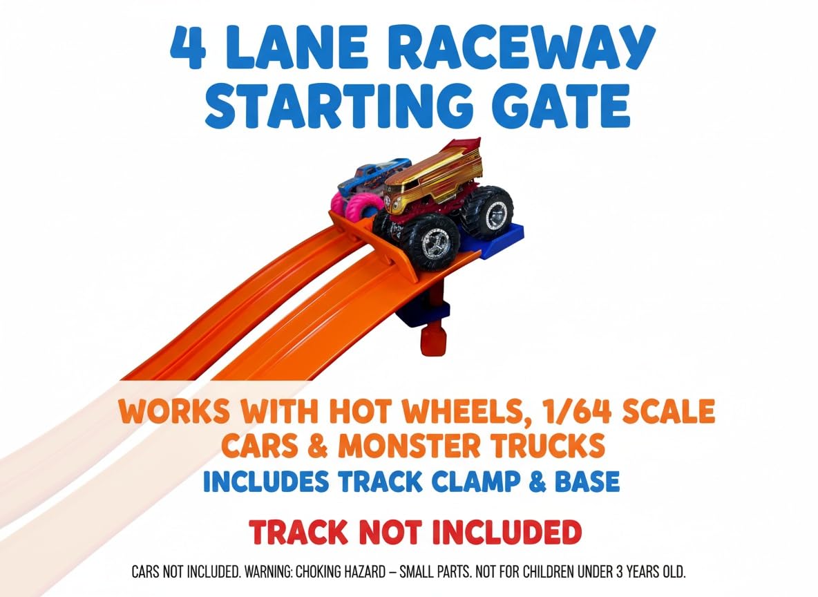 Monster Truck Track Clamp with 4 Lane Start Gate (Track NOT Included) | Compatible with Hot Wheels Track (Blue/Orange) | Eco-Friendly PLA | Made in USA | Monster Truck Track Accessory