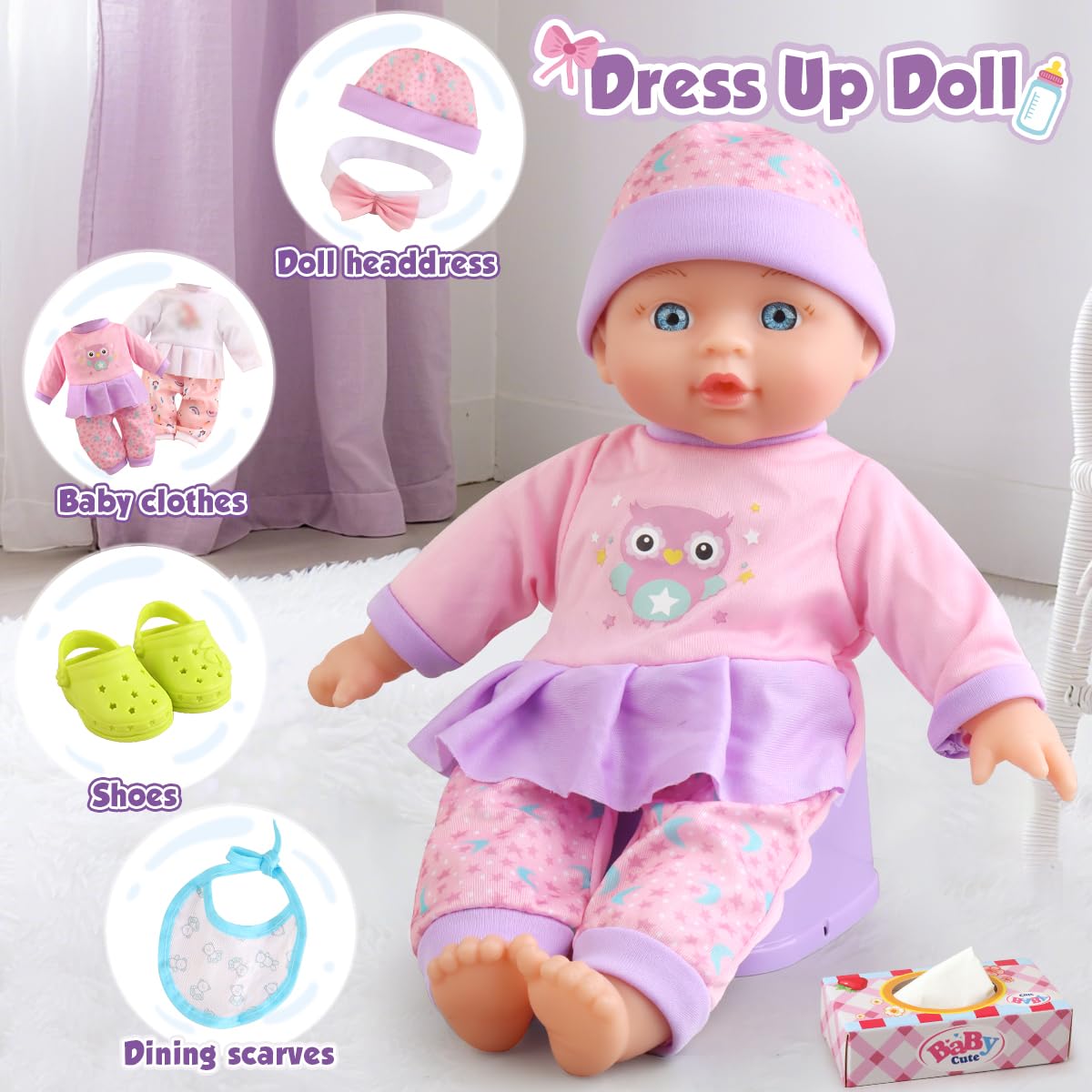 Baby Doll with Stroller Set for Realistic Pretend Play for 3 4 5 6 7 Year Old Toddler Girls Gifts. Baby Stroller Toys includes 12.5-inch Baby Dolls, 2 sets Doll Clothes and 17 PCS Doll Accessories