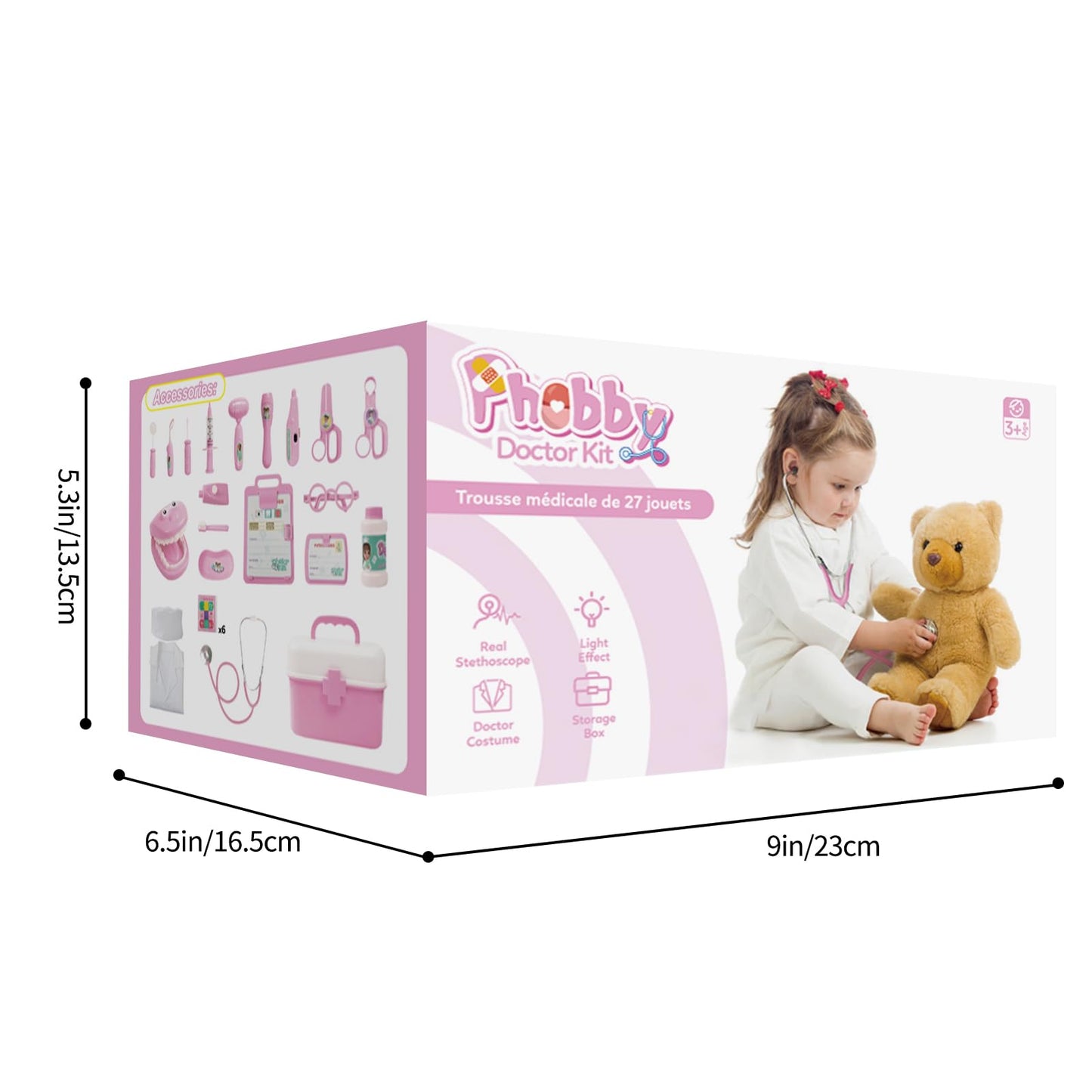 Phobby Durable Doctor Kit for Kids, 27 Pcs Deluxe Pretend Play Set Medical Toy with Real Stethoscope for Toddlers Boys Girls Birthday Gift Aged 3 4 5 6 7 8(Pink)