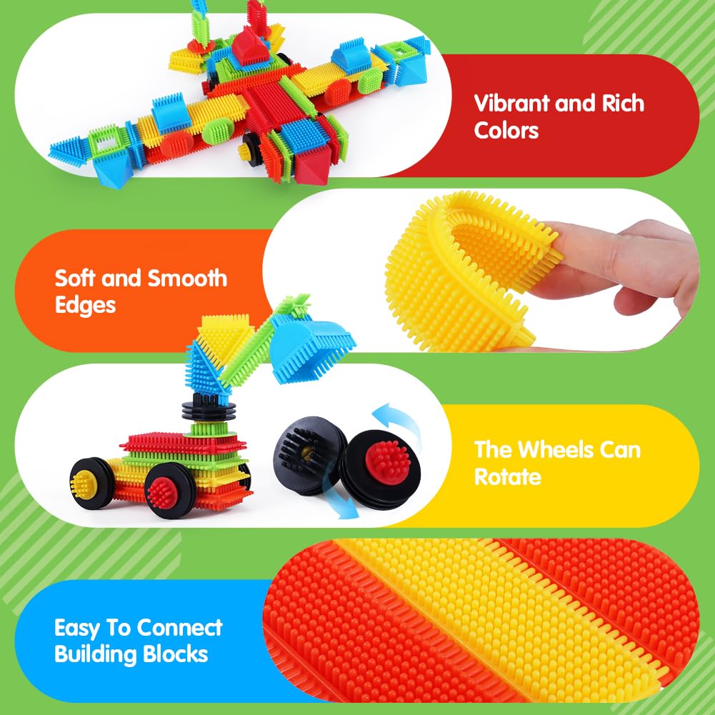 teytoy 200Pcs Building Blocks Toys, Bristle Shape Building Blocks Set STEM Interlocking Construction Learning Toys for Kids Ages 3+