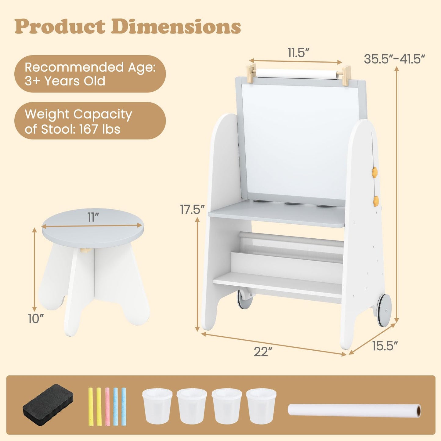 INFANS Easel for Kids with Stool, 4-in-1 Double-Sided Adjustable Magnetic Chalkboard with Paper Roll, Bookshelves, Wheels, Wooden Standing Painting Drawing Art Board for Boys Girls