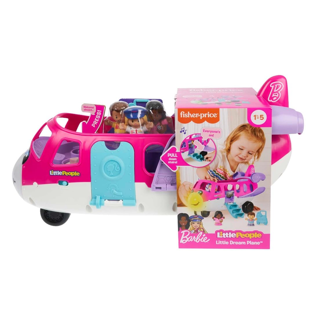 Fisher-Price Little Barbie Dream Airplane Presented By Little People With 1 Airplane, 1 Barbie, 1 Ken, 1 Pilot And 1 Luggage Element, Multilingual, Children's Toy, From 2 Years, HNK77