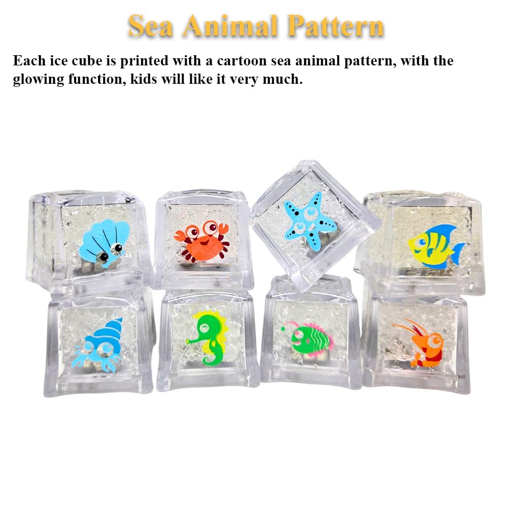 NEXTAKE Novelty Kids Bath Toy 8 PCS Simulation Ice Cube Liquid Water Sensor Mutlticolor Glowing Luminous Ice Cube with Marine Plants and Animals Pattern for Bathtub, Swimming Pool