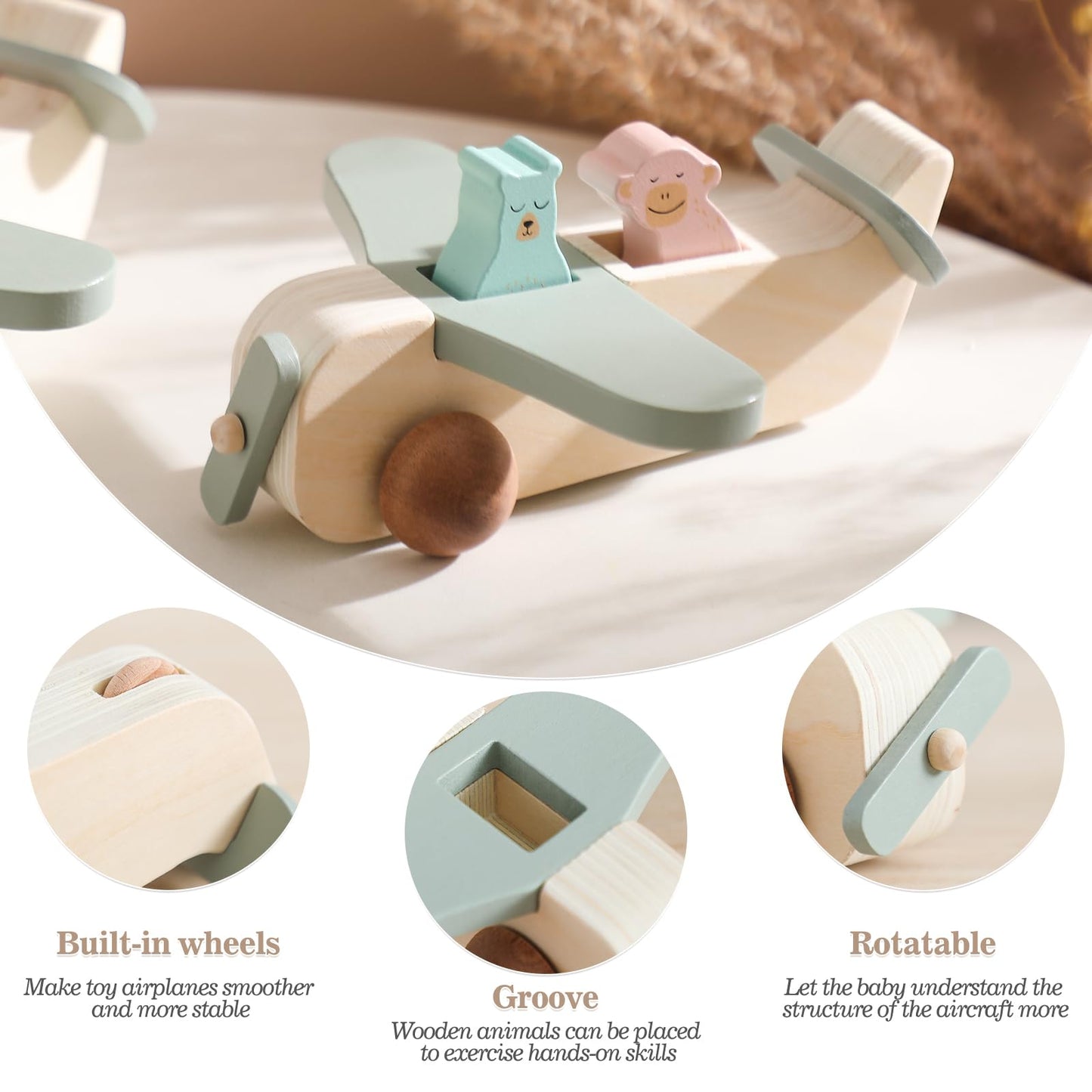 ibwaae Wooden Airplane Toys, Air Transport Vehicles Play Set, Wooden Pull Games, Learning Gift Montessori Toy for Baby Toddler Boys Girls