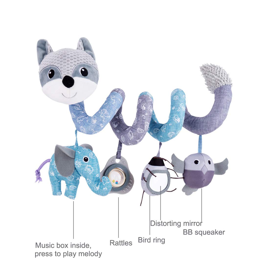 ORZIZRO Car Seat Toys, Baby Plush Spiral Hanging Toys for Stroller Crib Bar Bassinet Car Seat Mobile with Musical Owl BB Squeaker Elephant- Gray Fox