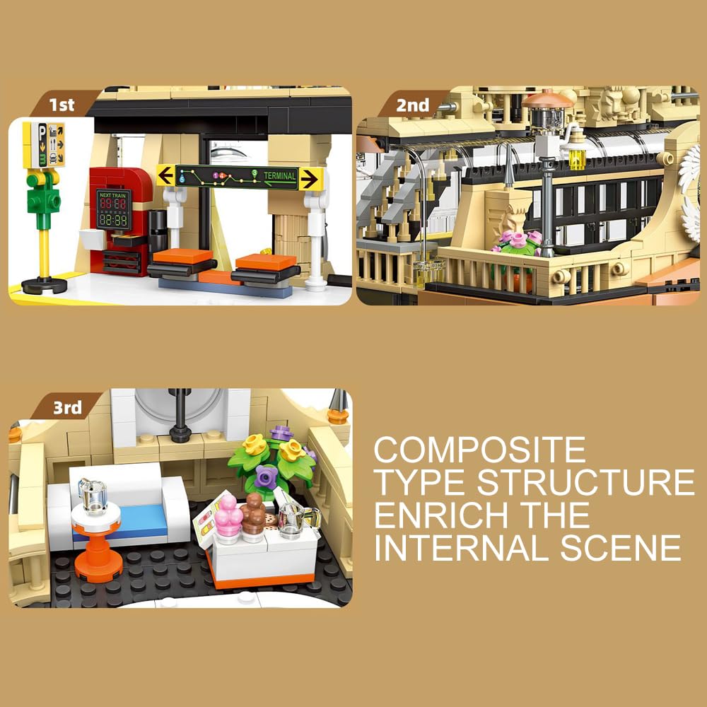 Wyiauy European Style Railway Station Architecture Building Set,Steampunk Railway Station with LED Light Building-Bricks Set 1945 Pieces for Adults and Teens