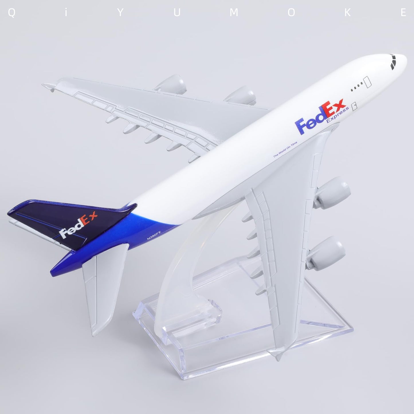QIYUMOKE 1/400 Diecast Metal Airplane Model Compatible for Airbus A380 FedEx 15cm, Mini A380 Model Plane with Stand, Aircraft Collectible for Aviation Enthusiasts, Desktop Decor Gift for Adult