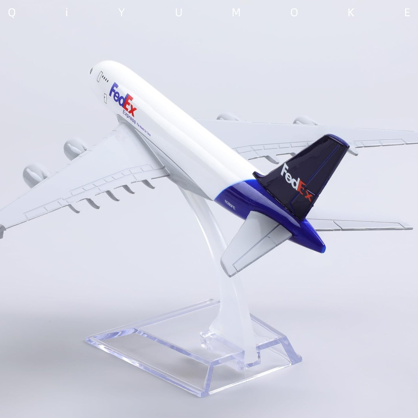 QIYUMOKE 1/400 Diecast Metal Airplane Model Compatible for Airbus A380 FedEx 15cm, Mini A380 Model Plane with Stand, Aircraft Collectible for Aviation Enthusiasts, Desktop Decor Gift for Adult