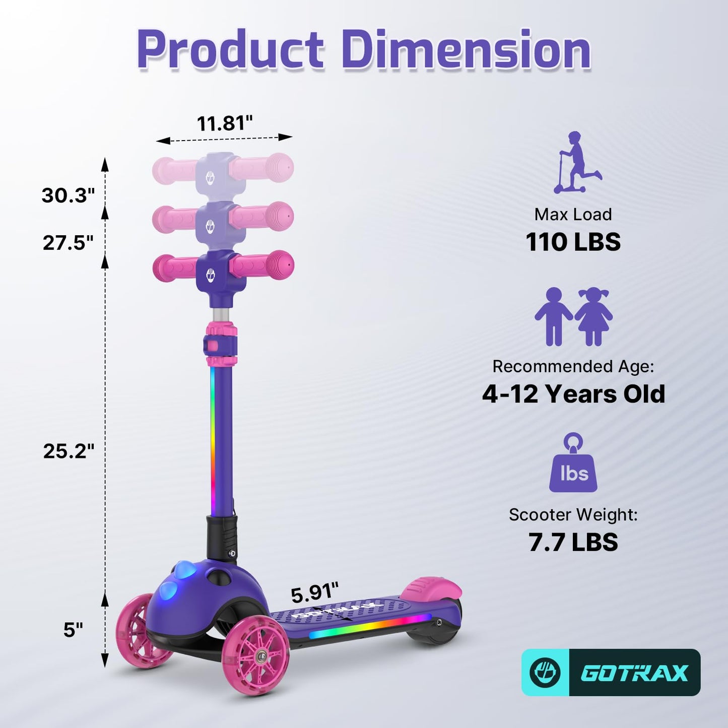 Gotrax SK1 Foldable Electric Scooter for Kids 4+, Full Body LED Light, 90min Riding & 5Mph Speed, Push-Button Throttle&Battery Indicator, 6'' Wheel&3 Adjustable Height, 3 Wheel Escooter, Gift, Purple