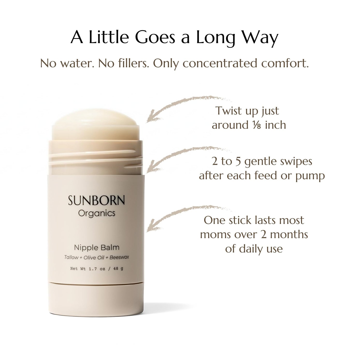 Sunborn Organics Nipple Balm | Nursing-Safe Lanolin-Free Nipple Cream with 3 Edible Ingredients for Sore or Cracked Nipples | Safe for Baby, No Wipe-Off, Third-Party Tested | Made in USA