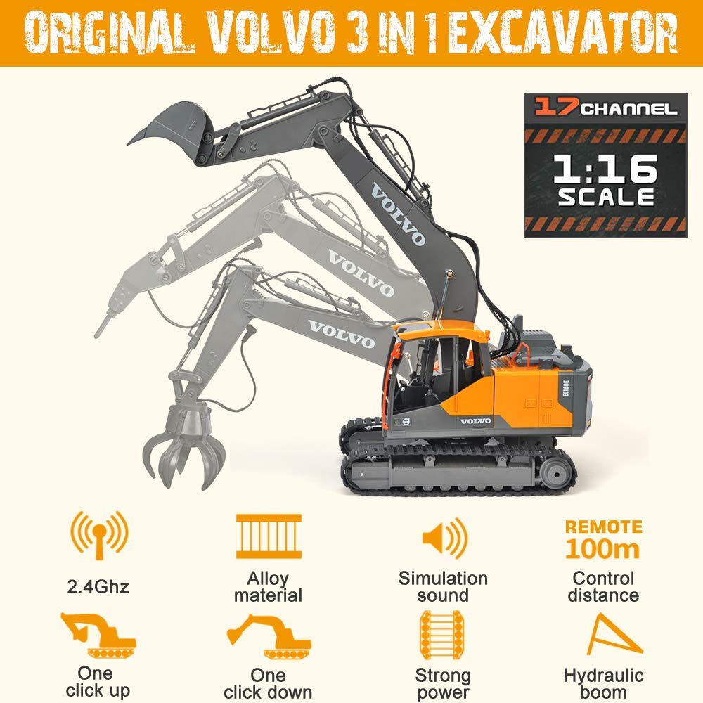 Double E Volvo 1:16 Scale Remote Control Excavator, 17 Channel 3-in-1 Construction Toy with Metal Shovel, Drill, Grab & Lights, 2.4GHz Full Function Digger for Outdoor Sandbox, Gift for Kids & Adults