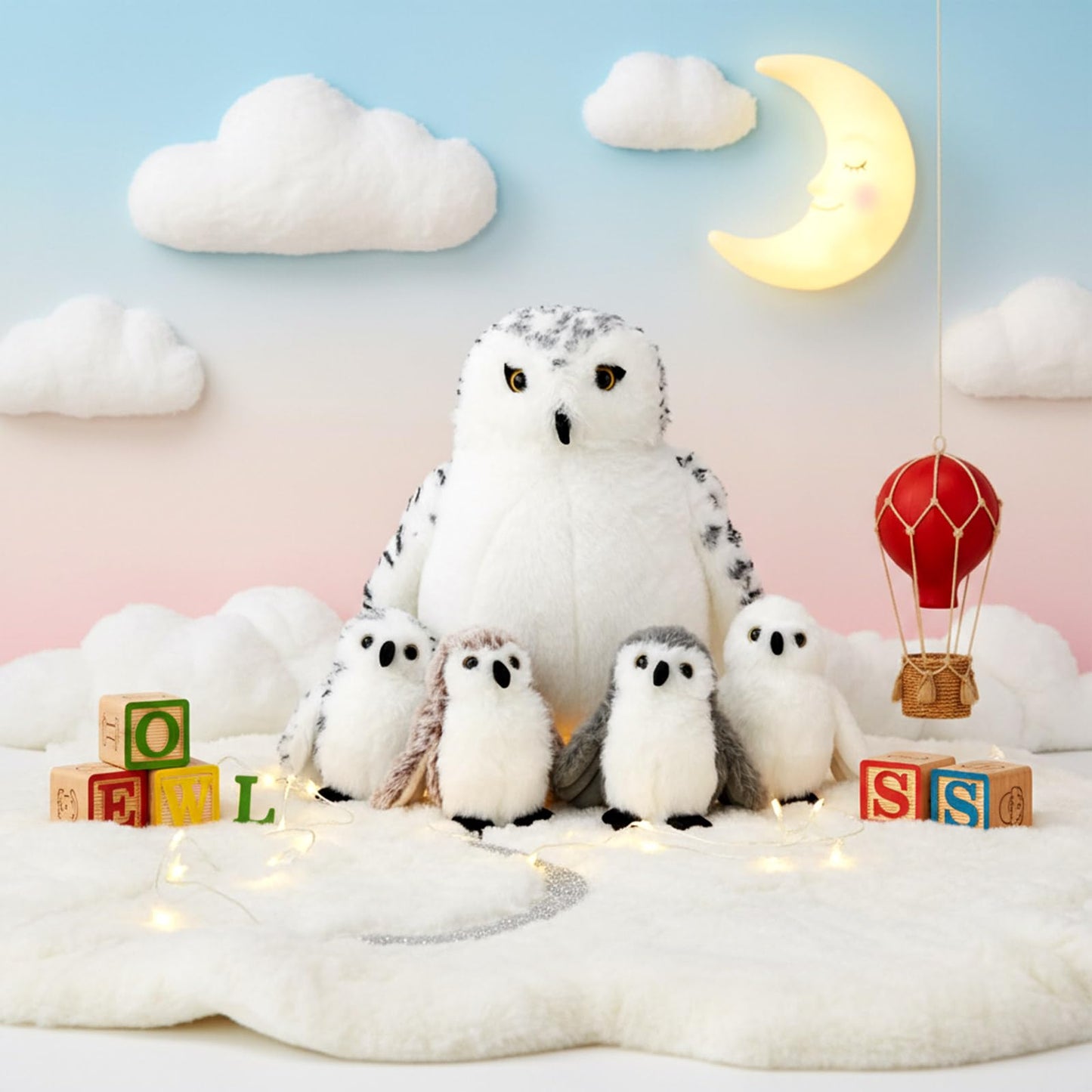 Hollowfly 5 Pcs Snowy Owls Plush Toy Gift Set 12.6" Mom Owls with 4 Cute Babies Stuffed Animal in Zippered Back Nurturing Plushes Toy Set for Kid Adults Birthday Party Favors Gifts