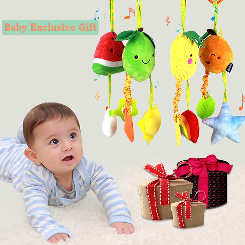 KAKIBLIN Baby Hanging Rattle Toys, 4 Pack Car Seat Stroller Toys Soft Squeaky Toy for Baby Newborn Infant Car Crib Travel Activity with Teether for Boys Girls, Toys for 0 3 6 9 12 Months, Fruits-A