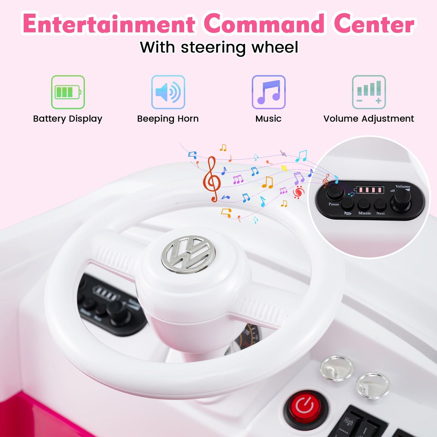 Costzon Ride On Car, 12V Licensed Volkswagen Kids Car Bus with Cup Holder, LED Headlights, Music & Horn, Electric Vehicle with Pedal Control, Soft Start & 2-Level Speed for Boys & Girls Aged 3+ (Pink)