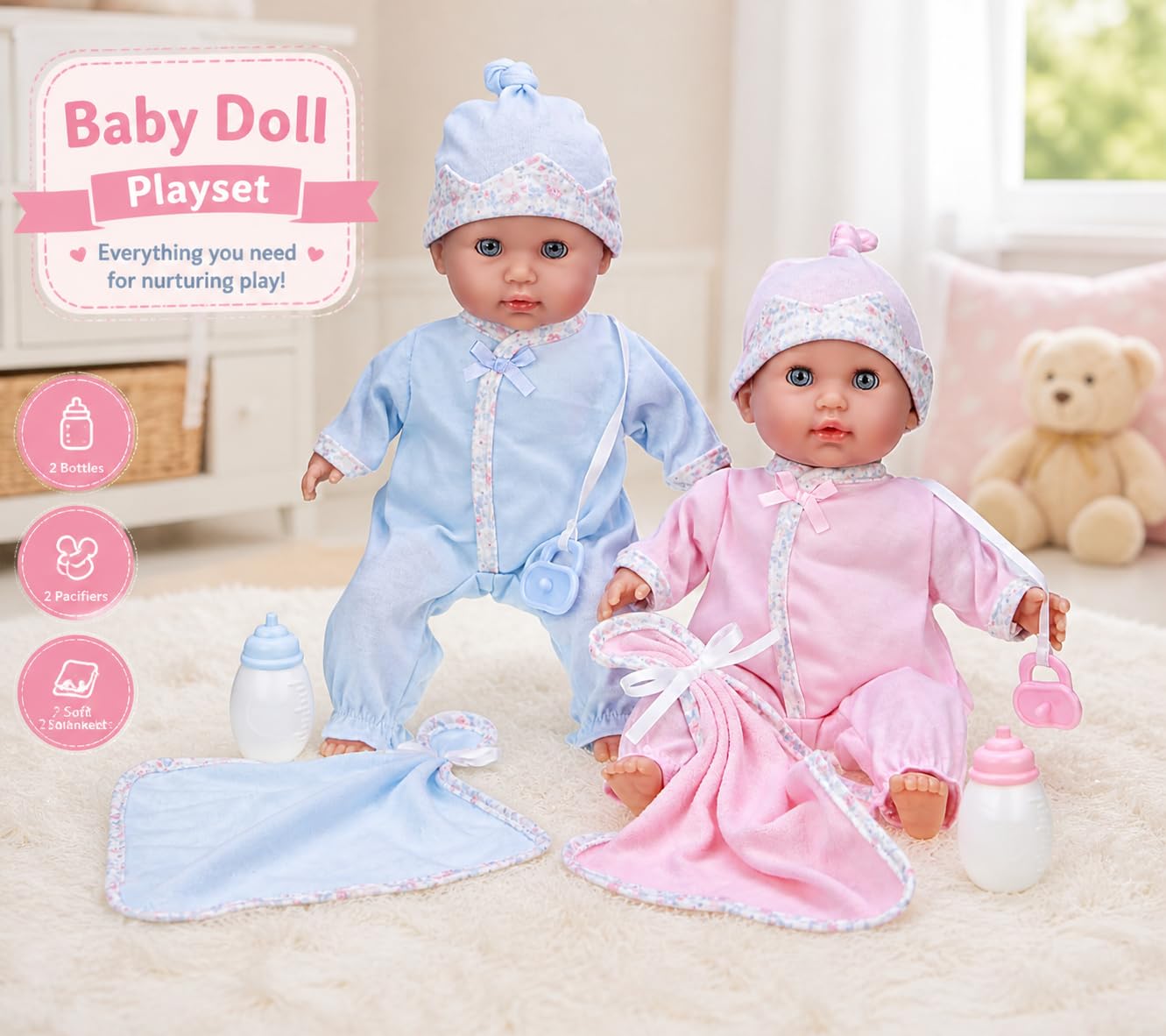 JC Toys 12.5” Nonis Twin Baby Dolls Set – Boy & Girl Soft-Body Dolls with Accessories | Realistic Twins Playset