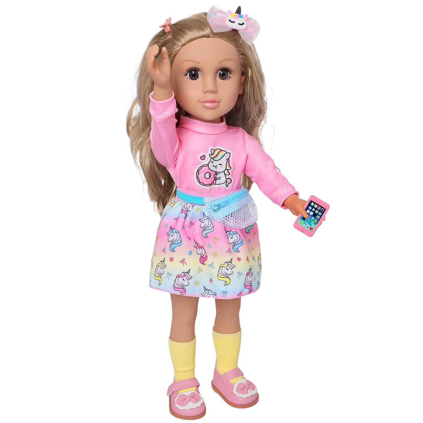 Ecore Fun 18 Inch Girl Doll with Clothes Accessories, Fashion Doll with Styling Brown Hair, Unicorn Hair Clip, Phone, Bag, Outfit & Shoes, Gift Ready for Birthday & Pretend Play