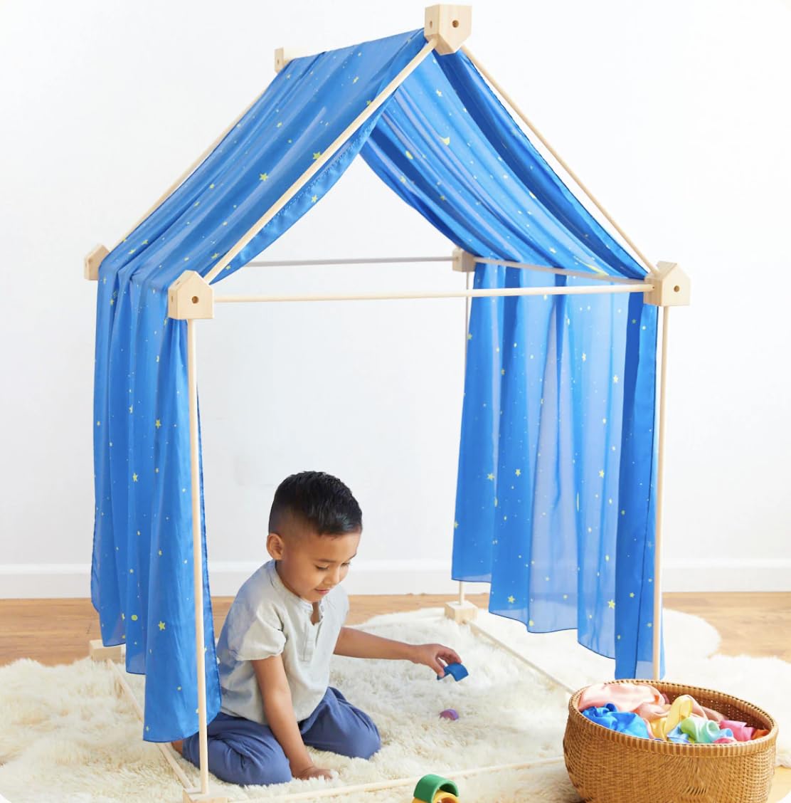 Sarah's Silks Wooden Playfort for Children | Natural Wood Indoor & Outdoor Playfort with Open Frame Design | Montessori Inspired Imaginative Play Tent (Natural Wood)