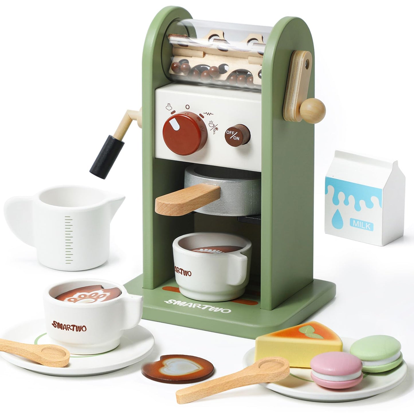 Smartwo Kids Wooden Coffee Maker Toy,Coffee Machine Playset with Grinder,Play Coffee Making Routine,Stimulates Imaginative Pretend Play and Life Skills,Birthday Gift for Toddler Boy Girl,17pcs