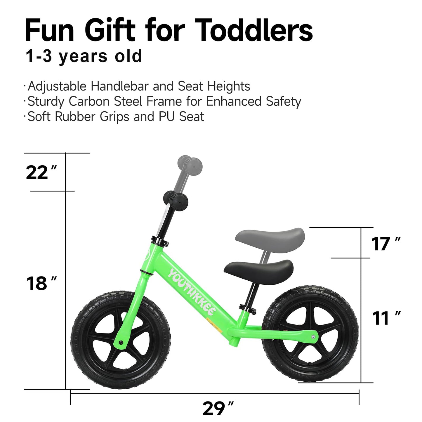 Youthkkee 12 Inch Toddler Balance Bike for 1-3 Year Olds, No-Pedal Bike with Tool-Free Adjustable Seat, Quick Assembly, Gift for 1-3 Year Old Boys & Girls with Customizable Plate