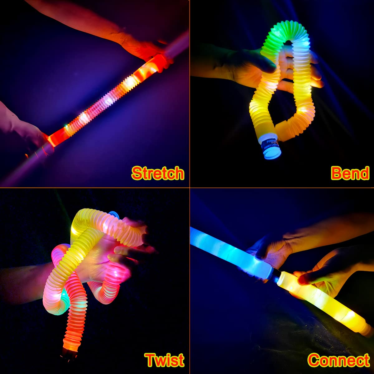 OceanWings 24PC Lights up Pop Tube Set for Kids Adults,Glow Sticks Stretchy Tube Fidget Toys for Classroom Prizes Birthday Concert Hawaii Party Glow in the Dark Party Supplies Favor for Boy Girl 8-12