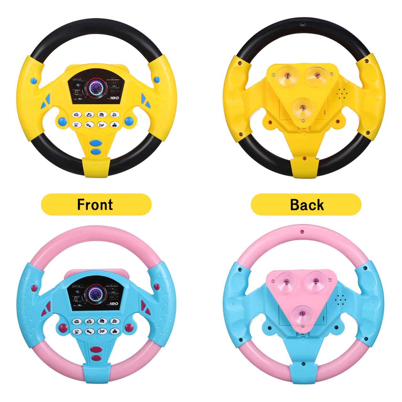 Homoyoyo 2Pcs Toy Steering Wheel for Kids, Simulated Driving Controller with Music for Car, Fake Steering Wheel Electric Early Learning Educational Toy for Boys and Girls (1Black&Yellow/1Powder&Blue)