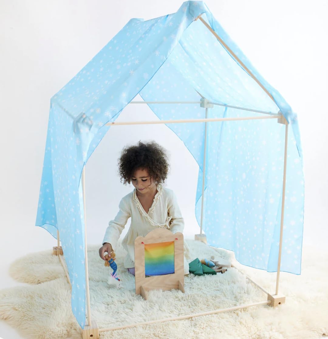 Sarah's Silks Wooden Playfort for Children | Natural Wood Indoor & Outdoor Playfort with Open Frame Design | Montessori Inspired Imaginative Play Tent (Natural Wood)