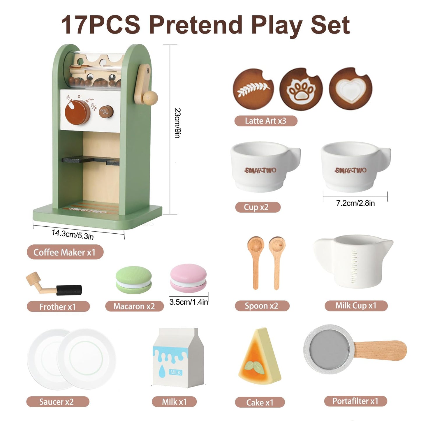 Smartwo Kids Wooden Coffee Maker Toy,Coffee Machine Playset with Grinder,Play Coffee Making Routine,Stimulates Imaginative Pretend Play and Life Skills,Birthday Gift for Toddler Boy Girl,17pcs