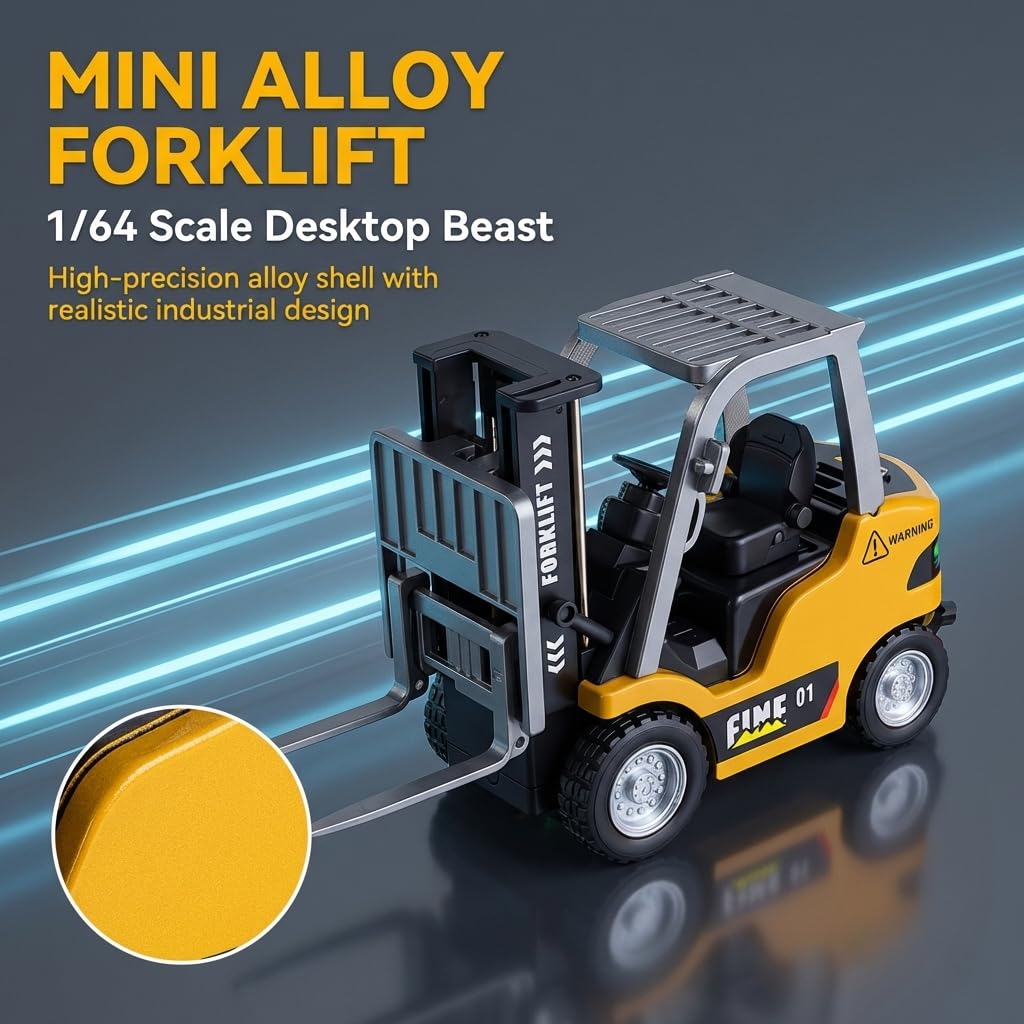 LBKR Tech Mini 1/64 RC Forklift Toy, Rechargeable Remote Control Forklift Truck with Lights and Sounds, 2 in 1 Transform Lift Fork & Hook Forklift Cars for Adults Kids Boys Girls