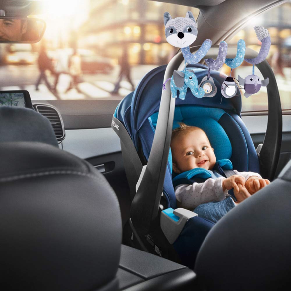 ORZIZRO Car Seat Toys, Baby Plush Spiral Hanging Toys for Stroller Crib Bar Bassinet Car Seat Mobile with Musical Owl BB Squeaker Elephant- Gray Fox